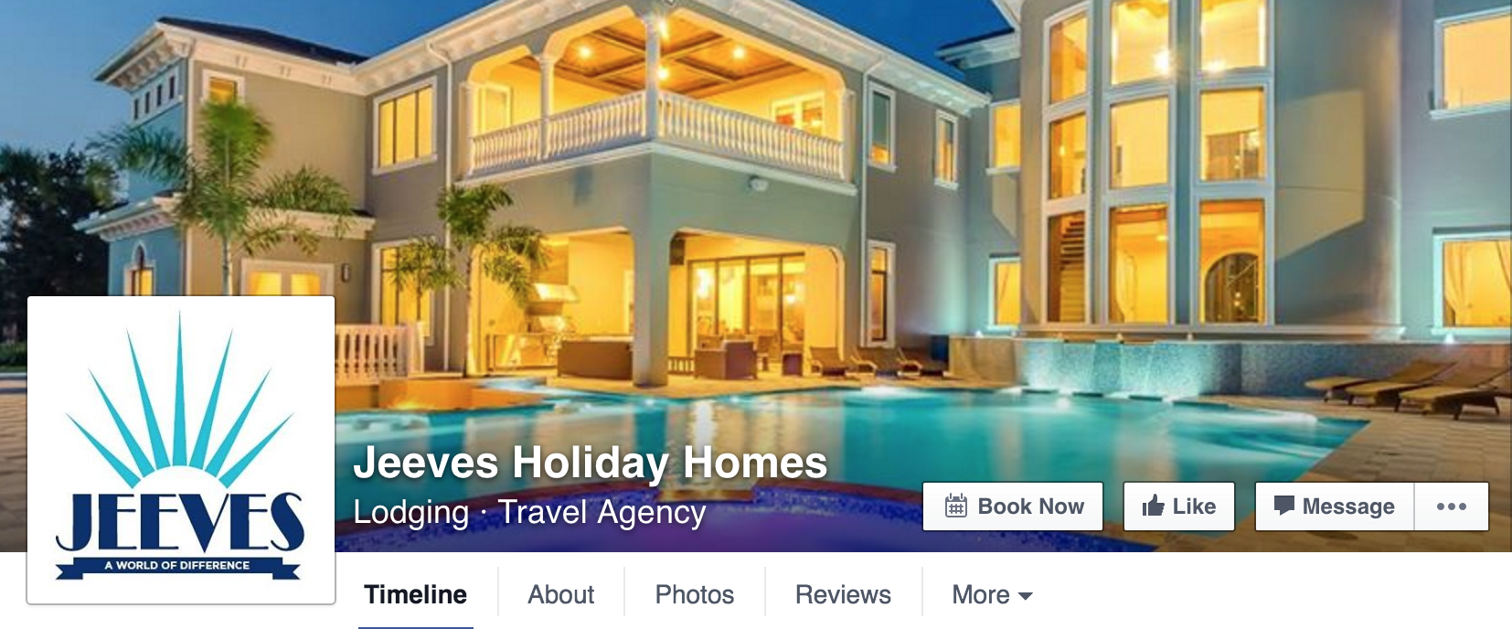 picture of the banner for the Jeeves Holiday Homes facebook page. Jeeves logo as profile picture and cover photo is of a large white mansion with lots of yellow light and a big blue pool in front.