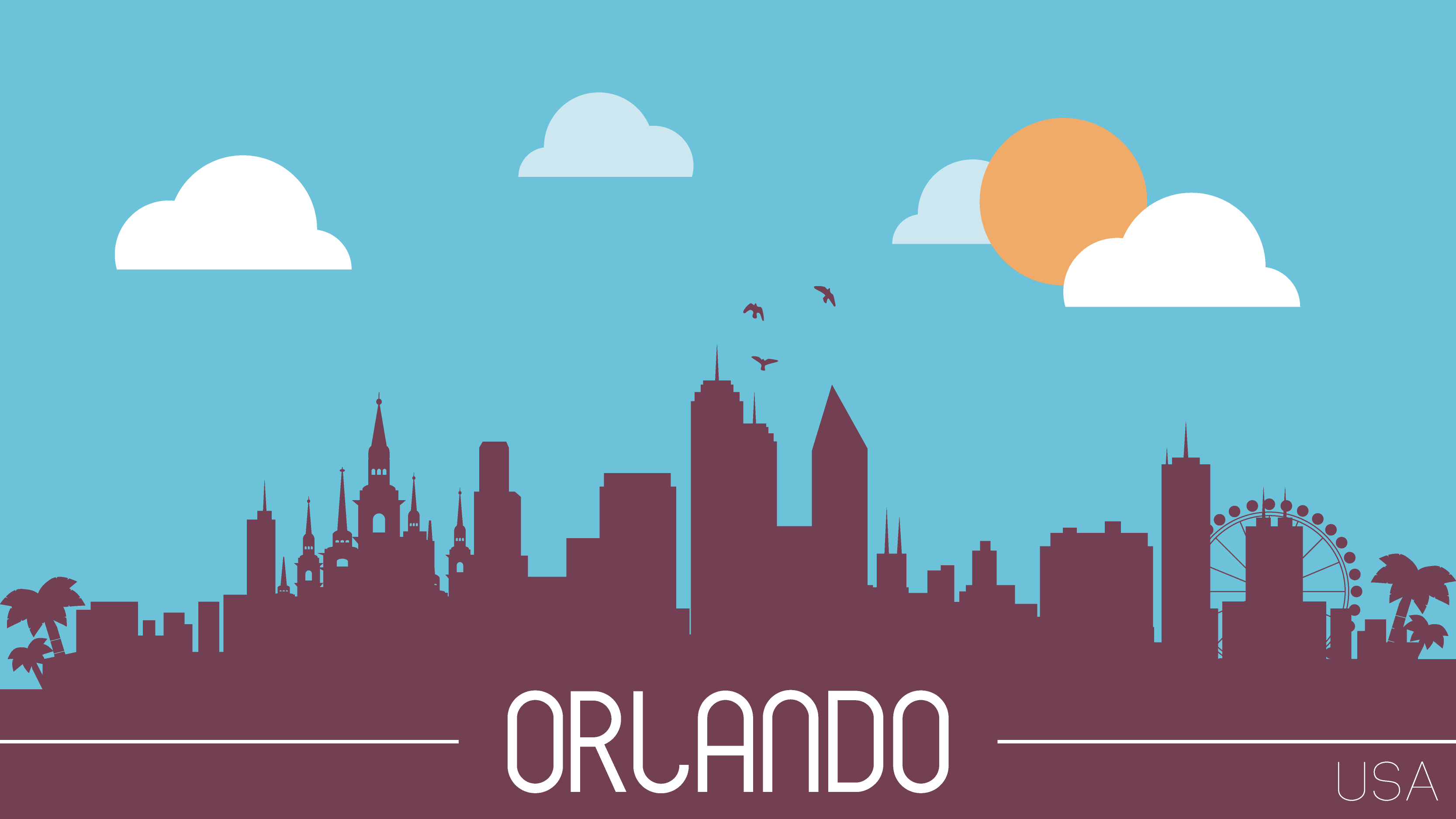 animated photo of the Orlando skyline in purple tracing and a blue sky with white clouds and a yellow sun in the back. The bottom says ORLANDO in large letters and beneath that says USA
