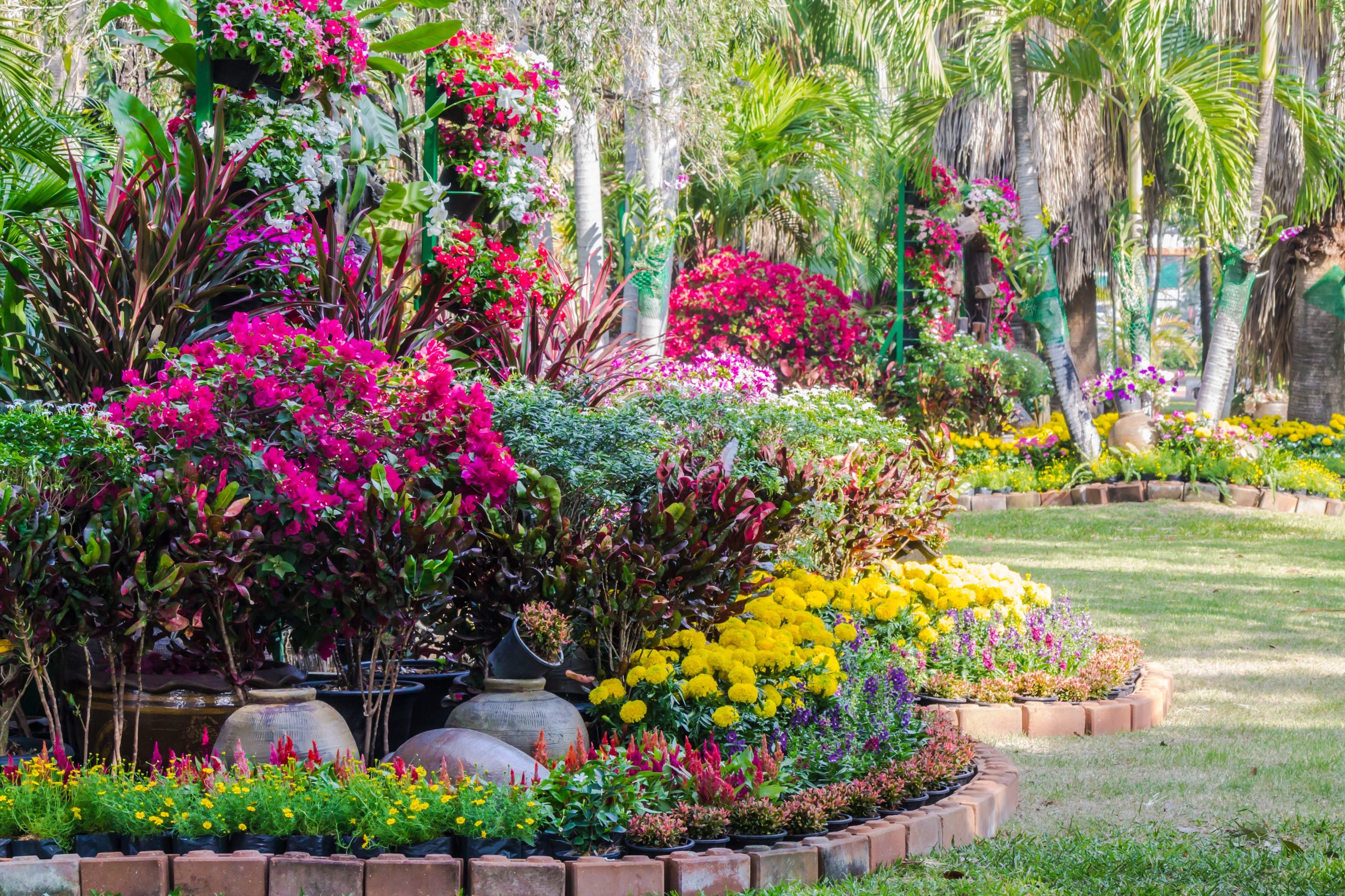 A beautiful garden with bricks lining all of the areas and lots of green with palm trees in the background. Many of the flowers are yellow and pink.