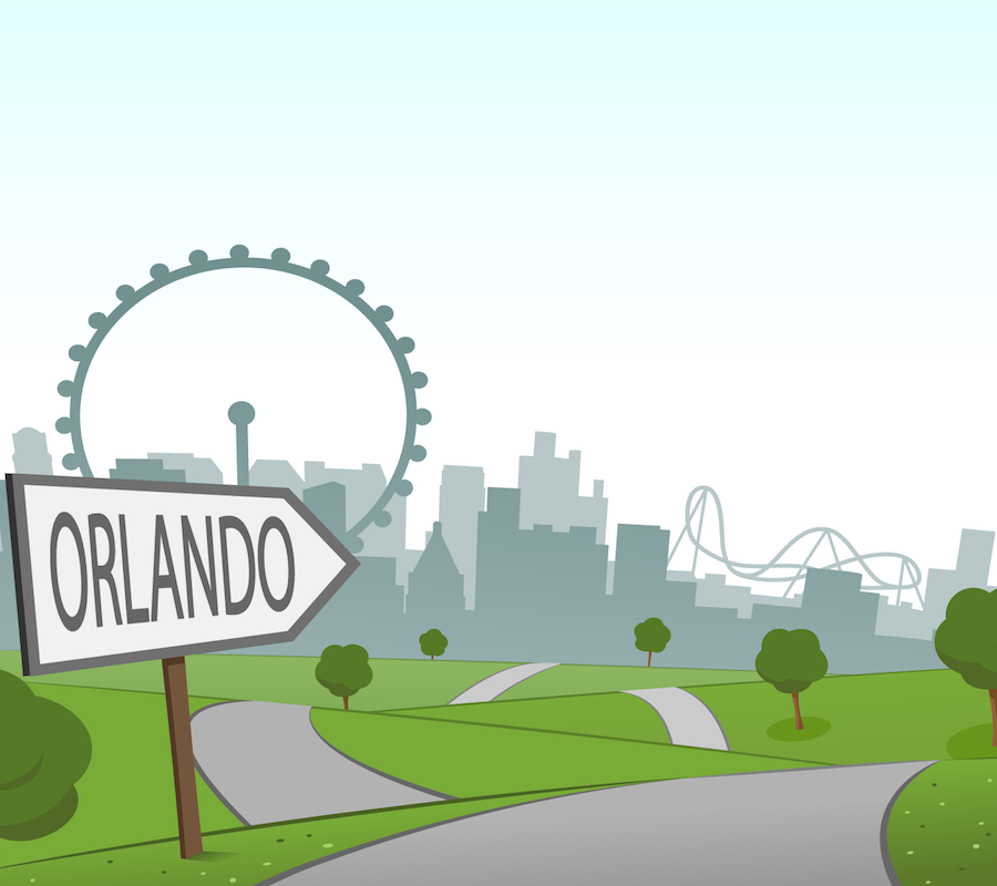 An animated image with an arrow sign pointing in saying "Orlando". There is a green field with a sidewalk leading towards a city skyline with a ferris wheel and roller coaster