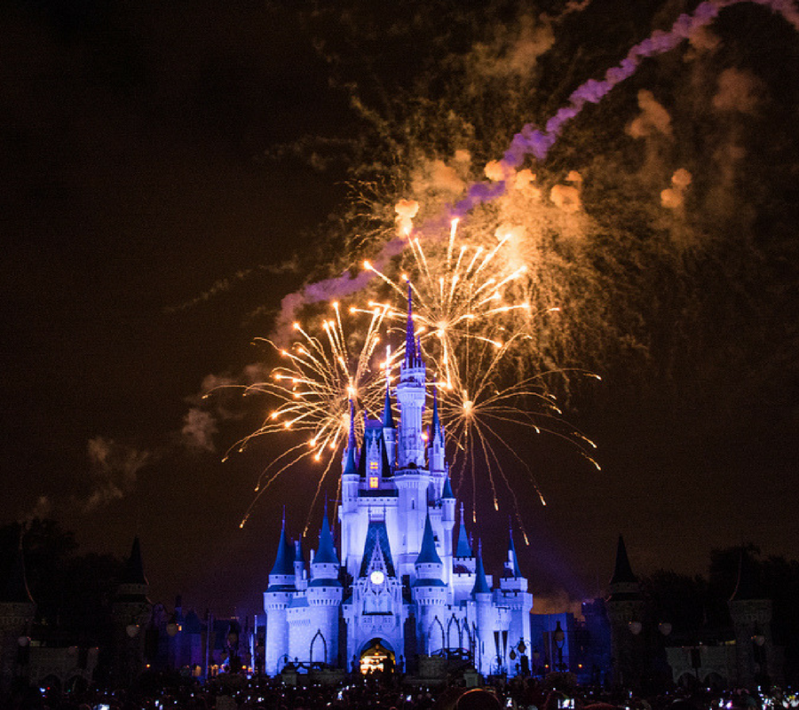Fireworks are above the Disney World Castle.
