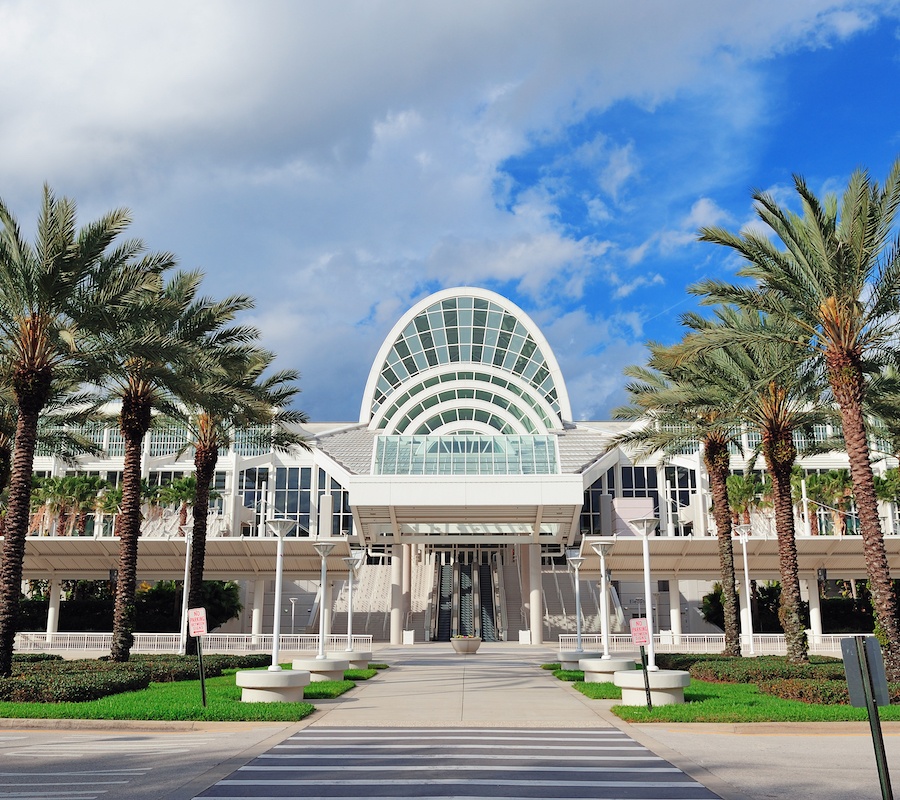 A large white building with a white arch on top and sidewalk leading to the entrance with palm trees lining the entryway