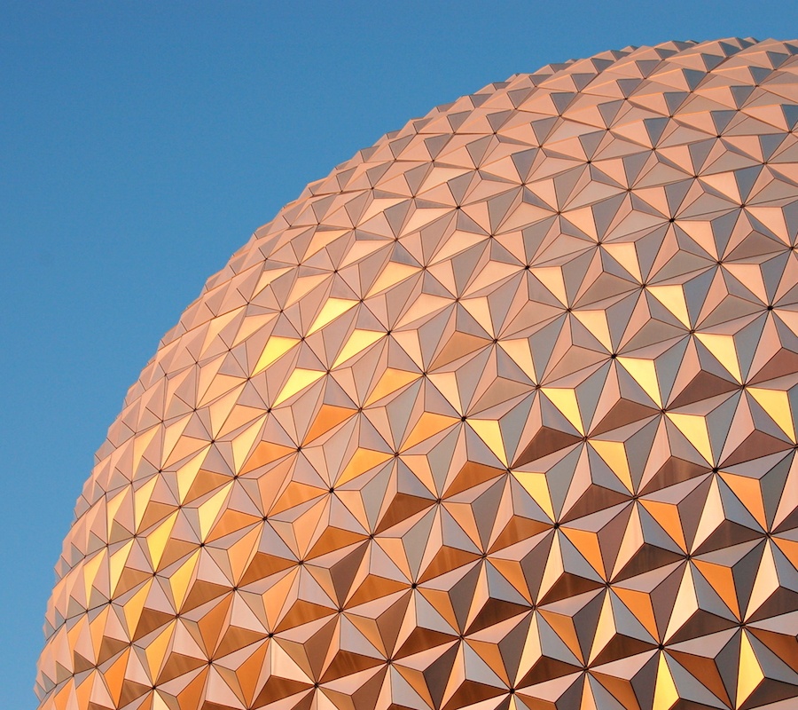 A close up picture of the Epcot ball during the day