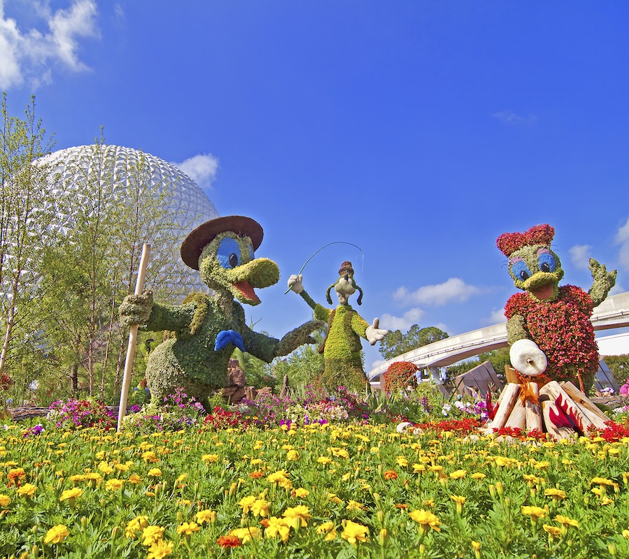 A garden of yellow flowers and tall bushes shaped like Donald and Daffy Duck and Goofy with the Epcot ball behind them to the left