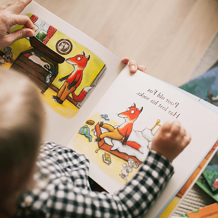A little boy reading a picture book of a fox