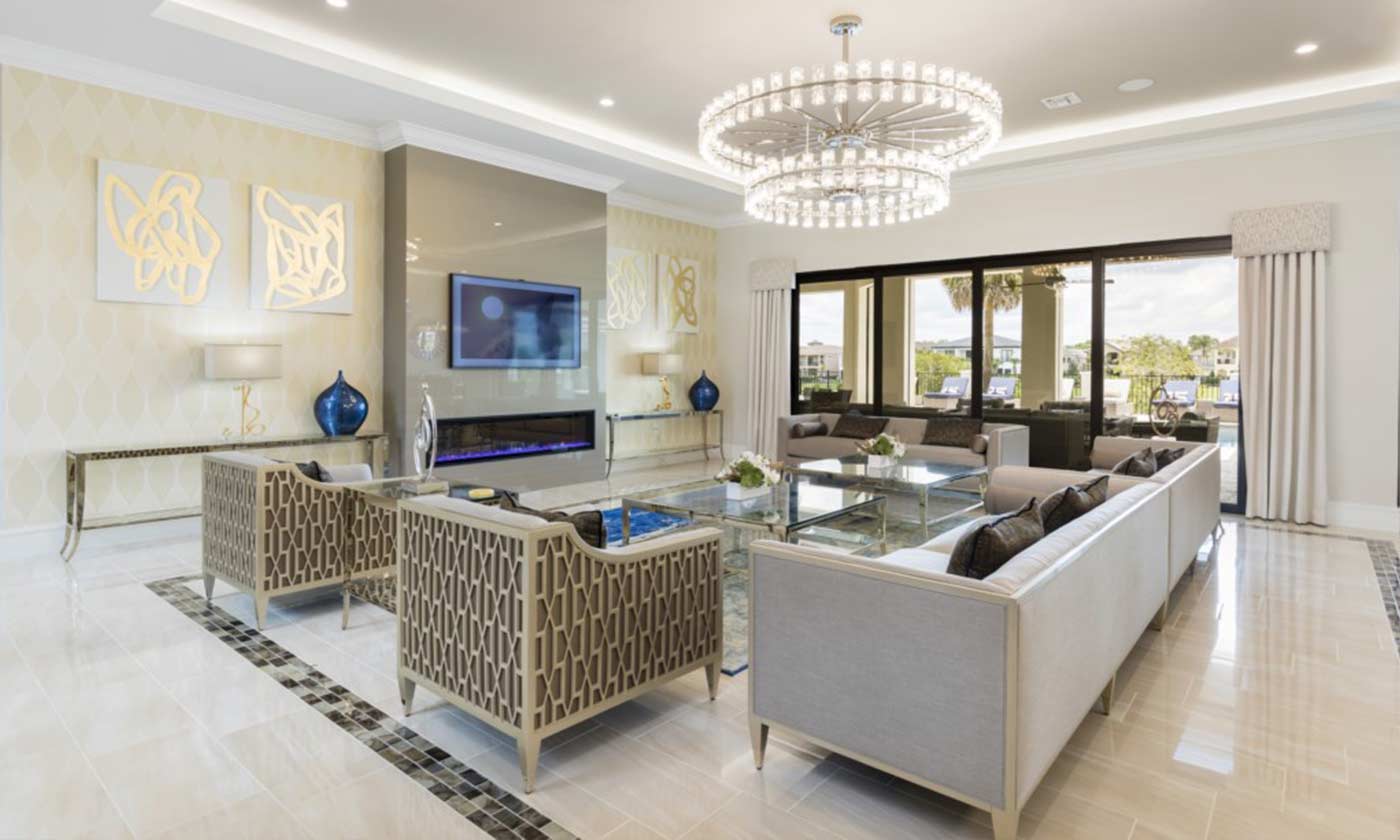 Beautiful luxury living room with chandelier.
