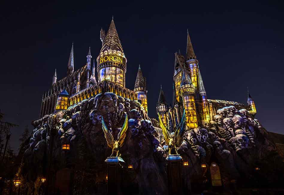 Dark Arts projections on Hogwarts Castle at Universal Studios Islands of Adventure 